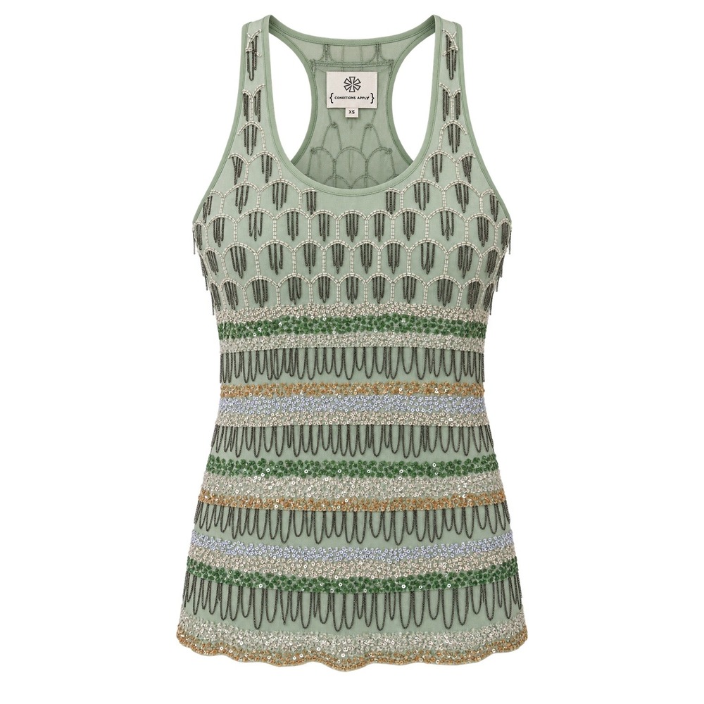 Conditions Apply Beaded Sequin Chain Fringe Tank Top Sage Green Racerback  XS